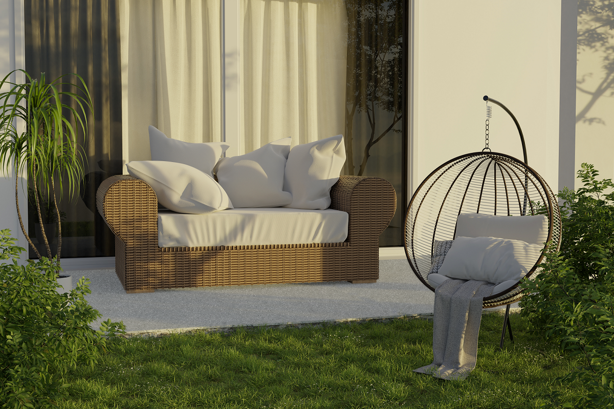 Teras minimalis dengan kursi gantung